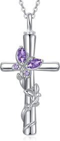 wholesale 925 Sterling Silver White Gold Plated Butterfly Cross Urn Necklace w Birthstone for Ashes Memorial Jewelry-0-0