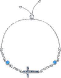 wholesale 925 Sterling Silver Blue Opal Cross Adjustable Bolo Chain Bracelet for Women Gifts-Opal Cross