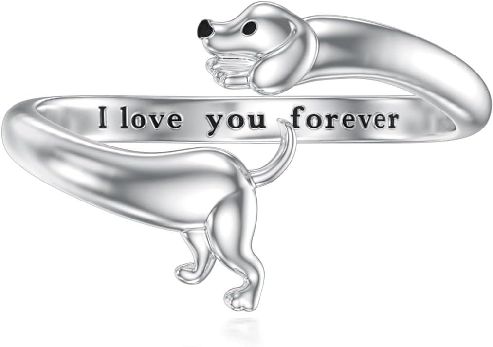 Sterling Silver Cute Puppy Corgi Dachshund Pug Yorki Adjustable Dog Rings for Women-Dachshund