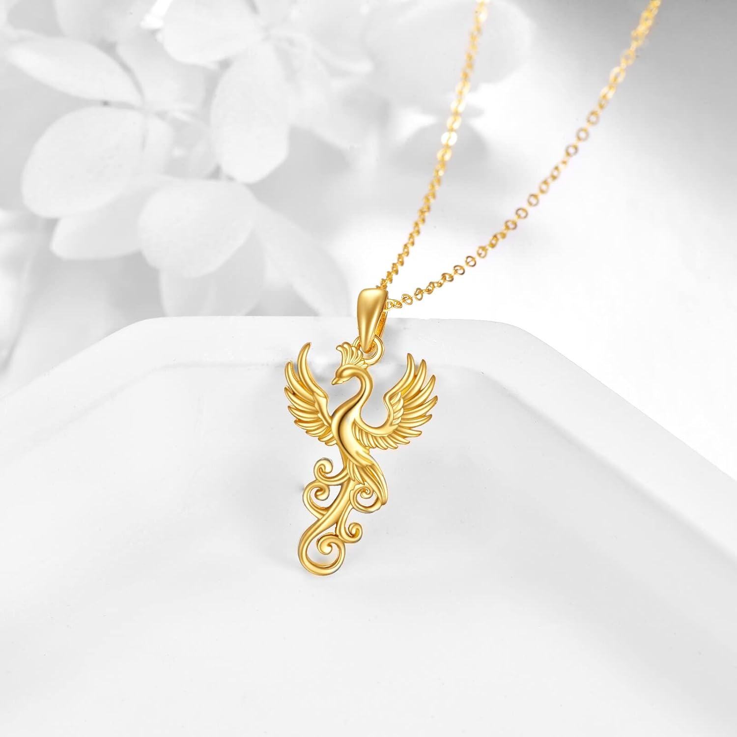 14K Yellow Gold Phoenix Pendant Necklace with Stone for Women Jewelry Gifts-0-3