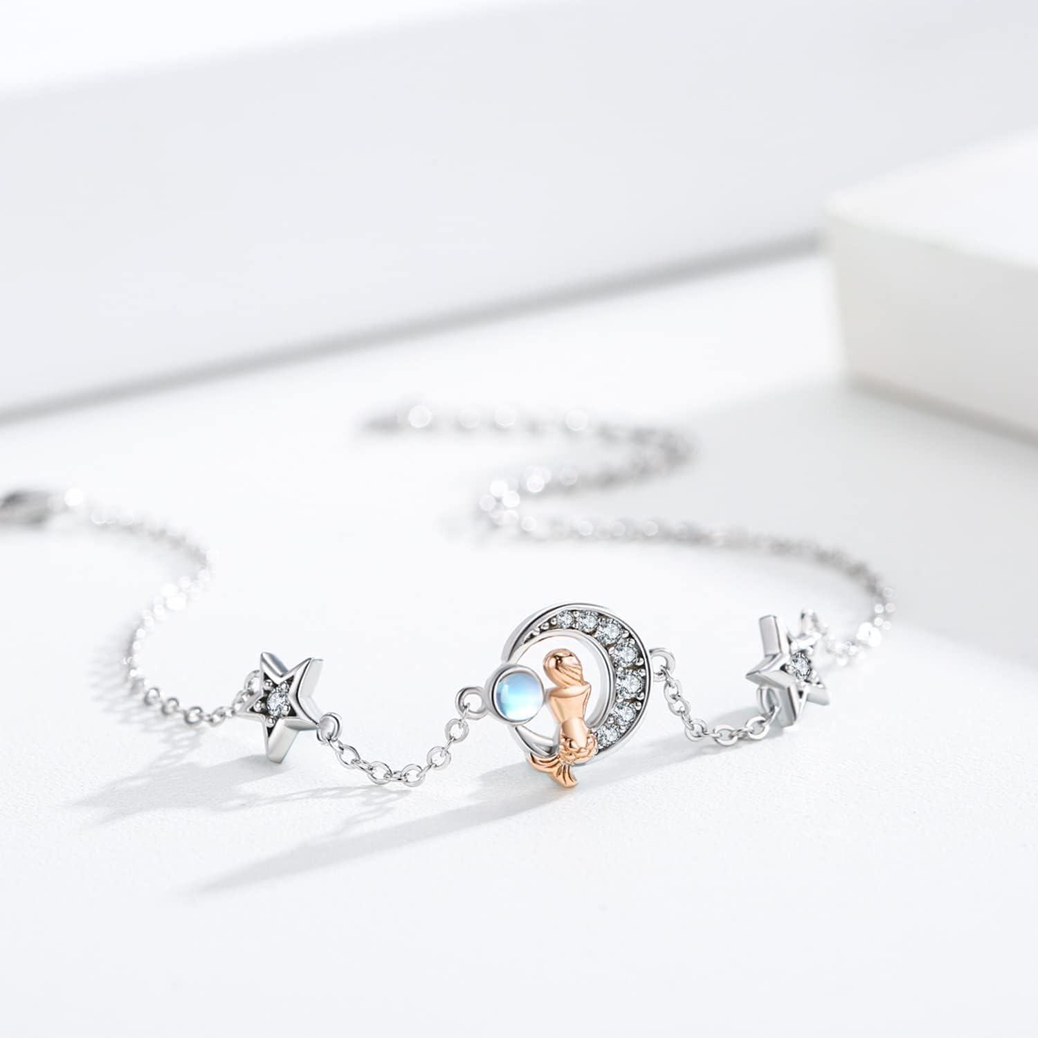 wholesale 925 Sterling Silver Moonstone Starfish Mermaid Charm Bracelet/Anklet Gift for Women-0-2