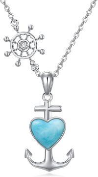 wholesale 925 Sterling Silver Heart-Shaped Larimar Anchor Cross Pendant Necklace for Women-Larimar
