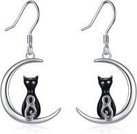 wholesale 925 Sterling Silver Cat Moon Drop Dangle Earrings for Women-Black Cat