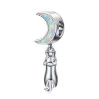 wholesale 925 Sterling Silver Opal Crescent Moon Cat Dangle Charm For Bracelet-Cat Charm