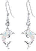 wholesale 925 Sterling Silver White Fire Opal Dolphin Drop Earrings for Women Girls s 4cm Long-0-0