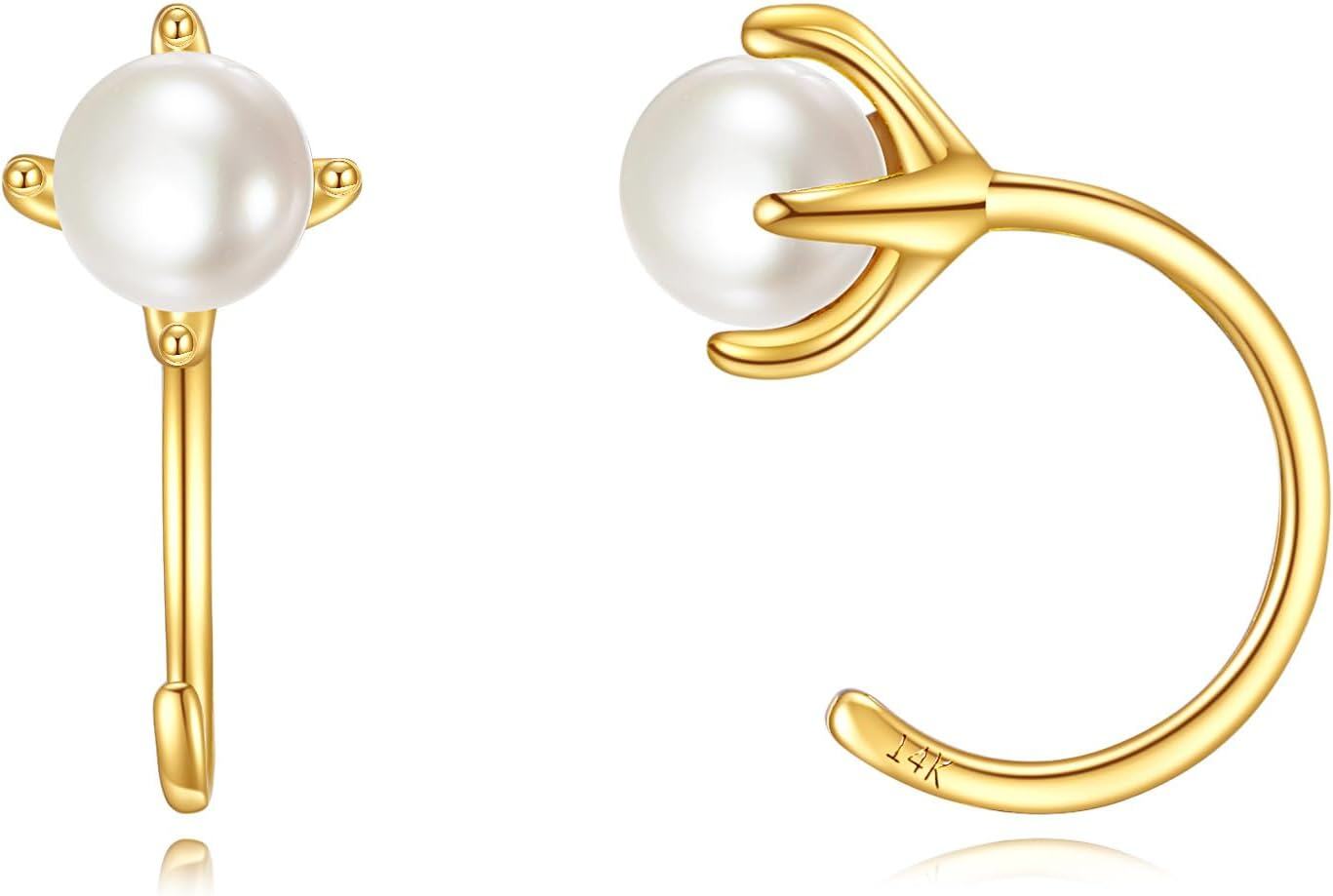 14K Gold Stone Dainty Half Hoop Huggie Earrings Cute Animal Jewelry Gifts for Women-Pearl