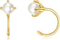 wholesale 14K Yellow Gold Pearl Open Back Hoop Earrings Minimalist Fine Jewelry for Women-Pearl