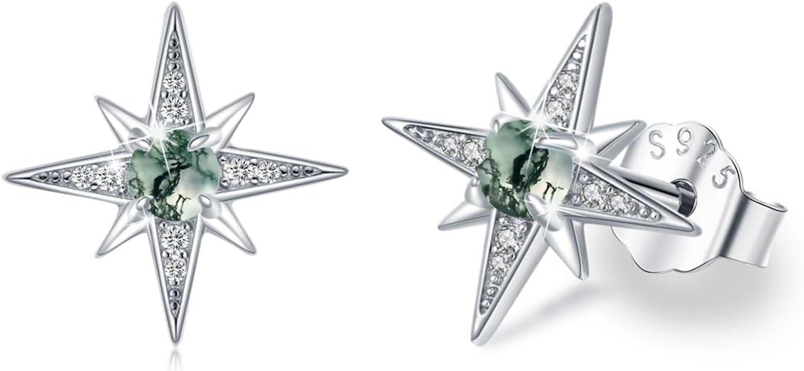 Sterling Silver Moonstone Birthstone Opal Star Planet Panda Whale Heart Earrings for Women -Moss Agate Star Stud Earrings