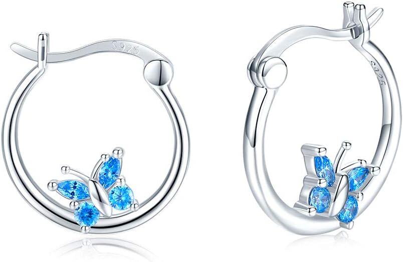 wholesale 925 Sterling Silver Blue Butterfly Huggie Hoop Earrings-0-0