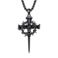 wholesale 925 Sterling Silver Crown of Thorns and Nails Cross Necklace Religious Gifts for Men Women-2-Black