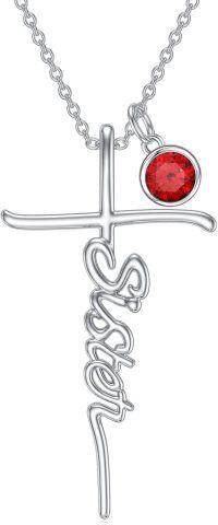wholesale 925 Sterling Silver Birthstone Cross Sister Initial Pendant Necklace-07-July