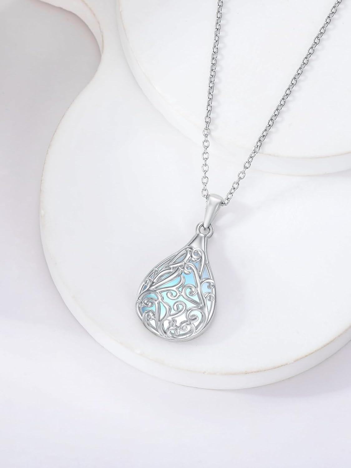 Sterling Silver Moonstone Lotus Filigree Pendant Necklace-0-5