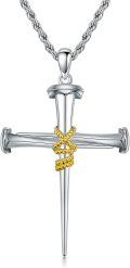 wholesale 925 Sterling Silver Nail Cross Pendant with Gold Rope Knot Chain - Mens Religious Jewelry-0-0