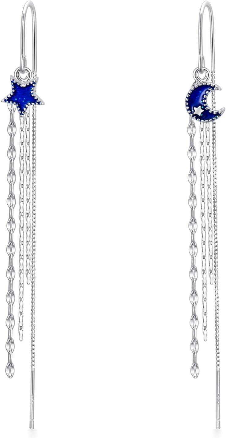925 Sterling Silver Moon Star Threader Earrings w/ Tassel Chain for Women & Teens - Hypoallergenic-0-1