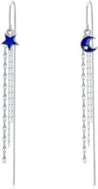 wholesale 925 Sterling Silver Blue Enamel Moon & Star Drop Threader Earrings w/ Tassels for Women and Teen Girls-Moon Star B