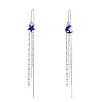 wholesale 925 Sterling Silver Blue Enamel Moon & Star Drop Threader Earrings w/ Tassels for Women and Teen Girls-Moon Star B