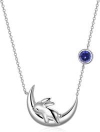 wholesale  Metal Sterling Silver Simulated Moonstone Cute Bunny on Moon Necklace for Women Girls Birthday Gift -September