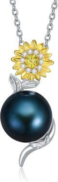 wholesale 925 Sterling Silver Black Freshwater Pearl Yellow CZ Sunflower Pendant Necklace for Women-0-0