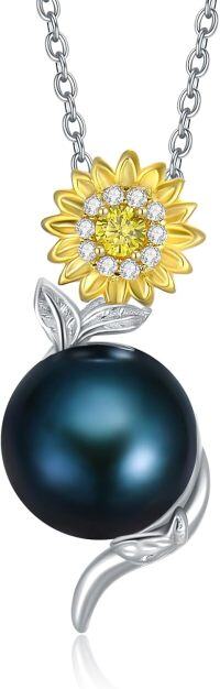 wholesale 925 Sterling Silver Black Freshwater Pearl Yellow CZ Sunflower Pendant Necklace for Women-Sunflower 2