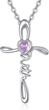wholesale Sterling Silver Simulated Gemstone Faith Cross Birthstone Necklace for Women Christian Gifts-06-Alexandrite