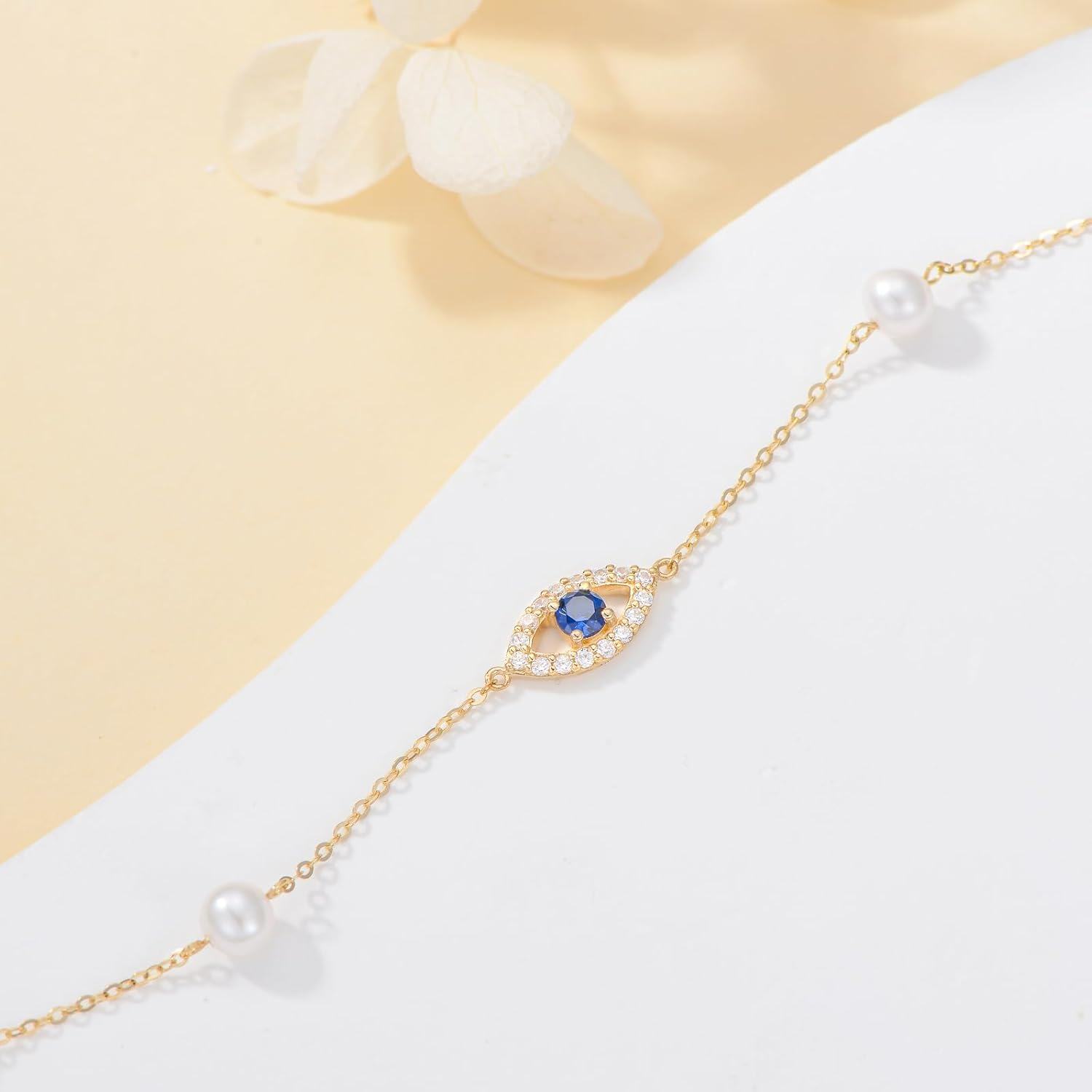 wholesale 14K Gold White Pearl and Sapphire Evil Eye Charm Bracelet (Adjustable)-0-4