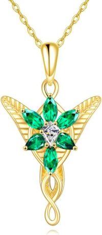 wholesale 10K Gold Elven Star Pendant Necklace with Green Stones and White Diamond Centerpiece for Women-10K gold plated