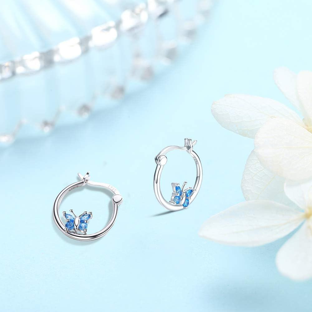 wholesale 925 Sterling Silver Blue Butterfly Huggie Hoop Earrings-0-2