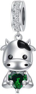 wholesale  925 Sterling Silver & Emerald Cow Charm Bead with Zircon - 9.7x14.5mm May Birthstone Jewelry for Women-0-0