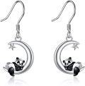 wholesale 925 Sterling Silver Panda on Crescent Moon Star Dangle Earrings for Women-0-0