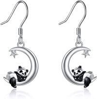 wholesale 925 Sterling Silver Panda on Crescent Moon Star Dangle Earrings for Women-Panda