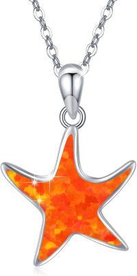 wholesale 925 Sterling Silver Orange Opal Starfish Pendant Necklace Sea Life Jewelry for Women Girls 45cm Chain Length-A7-Red Opal