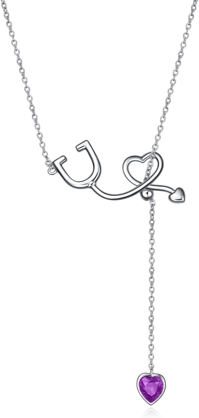 Sterling Silver Crystal Austria Stethoscope Lariat Necklace Nurse Gift 22 -02-Purple