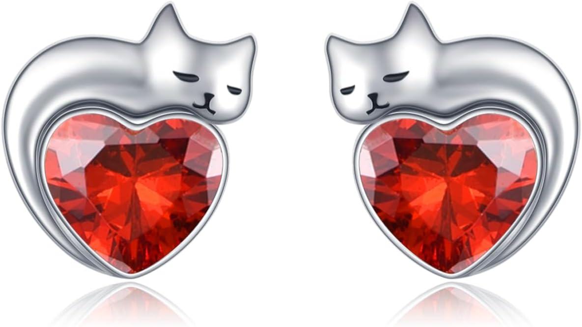 wholesale Sterling Silver Birthstone Cat Stud Earrings Heart Jewelry for Women-07-July