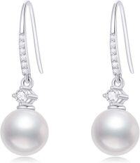 wholesale 10K Gold Moissanite & Freshwater Pearl Dangle Earrings, Hypoallergenic, 9mm, 28mm, Gift for Women-White Gold
