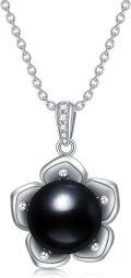 wholesale 925 Sterling Silver Flower-Shaped Black Freshwater Pearl Pendant Necklace with Cubic Zirconia Accents-0-0