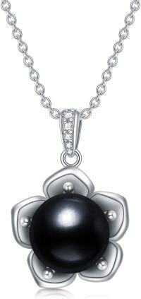 wholesale 925 Sterling Silver Flower-Shaped Black Freshwater Pearl Pendant Necklace with Cubic Zirconia Accents-Style 3