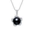 wholesale 925 Sterling Silver Flower-Shaped Black Freshwater Pearl Pendant Necklace with Cubic Zirconia Accents-0-0