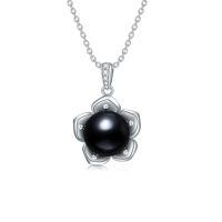 wholesale 925 Sterling Silver Flower-Shaped Black Freshwater Pearl Pendant Necklace with Cubic Zirconia Accents-Style 3
