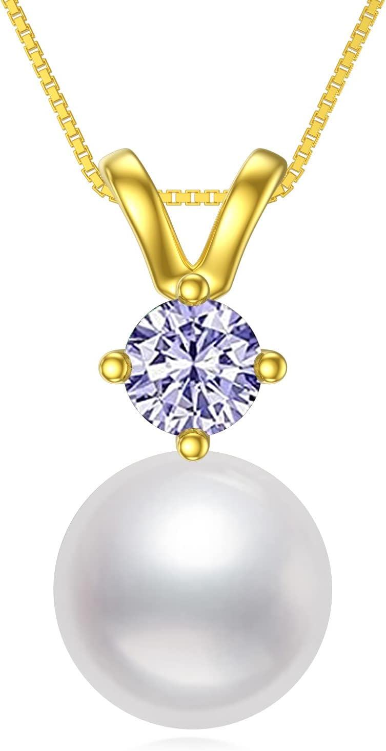  Sterling Silver Gold Plated Pearl Birthstone Necklace for Women -6-Jun-Purple Zirconia
