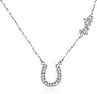 wholesale 925 Sterling Silver Lucky Horse Shoe & Four-Leaf Clover Charm Pendant Necklace with Cubic Zirconia Stones for Women Girls  Set (Silver)-Horseshoe
