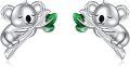 wholesale 925 Sterling Silver Koala Bear Stud Earrings with Green Leaves - Adorable Animal  for Women and Girls-0-0