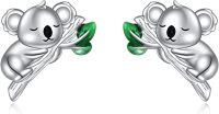 wholesale 925 Sterling Silver Koala Bear Stud Earrings with Green Leaves - Adorable Animal  for Women and Girls-Koala