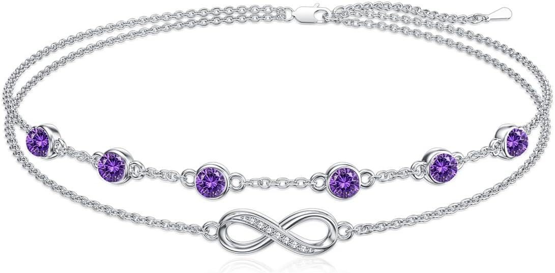 Sterling Silver Birthstone Women s Anklet Bracelets Infinity Butterfly Evil Eye Turtle Pineapple Starfish Heart-Bracelet 7"-9"-Infinity 02-Amethyst
