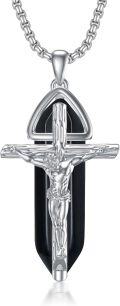 wholesale 925 Sterling Silver Black Onyx Triangle Jesus Christ Crucifix Pendant Necklaces for Men & Women - Religious Jewelry with Chain (24)-0-0