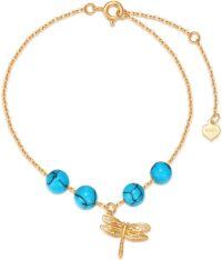 wholesale 14K Gold Turquoise Beaded Dragonfly Charm Bracelet for Women - Adjustable Length (9)-14k real gold