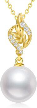 wholesale 14K Gold Leaf Design with White Pearl Pendant Necklace for Women - Elegant  (Length: Adjustable)-0-4