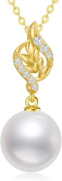 wholesale 14K Gold Leaf Design with White Pearl Pendant Necklace for Women - Elegant  (Length: Adjustable)-Yellow Gold gold