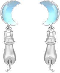 wholesale 925 Sterling Silver Blue Opalite Crescent Moon Cat Dangle Earrings - Halloween  for Her-White Cat Moonstone