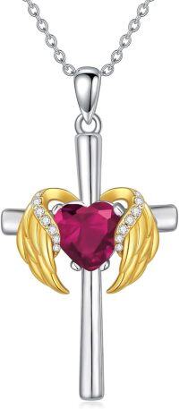 wholesale Gold Plated Sterling Silver & Natural Diamond Angel Wing Cross Pendant with Simulated Birthstone-07.Ruby-Jul