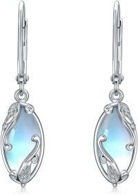 wholesale 925 Sterling Silver Blue Opal Teardrop Shape Drop Earrings with Leaf Design and Leverback Closure for Women  4cm Long-Moonstone